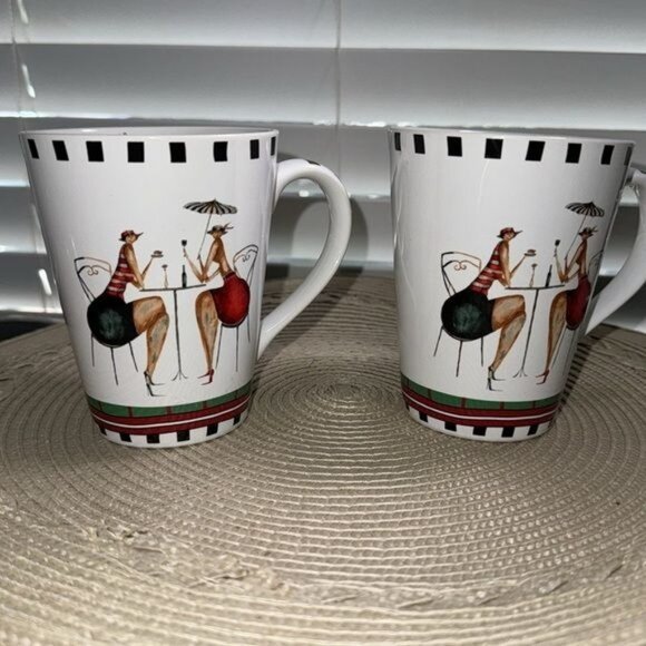 Set Of 2 Mes Amies Ceramic Mugs With Chic Cafè Design Black & White - Picture 1 of 9